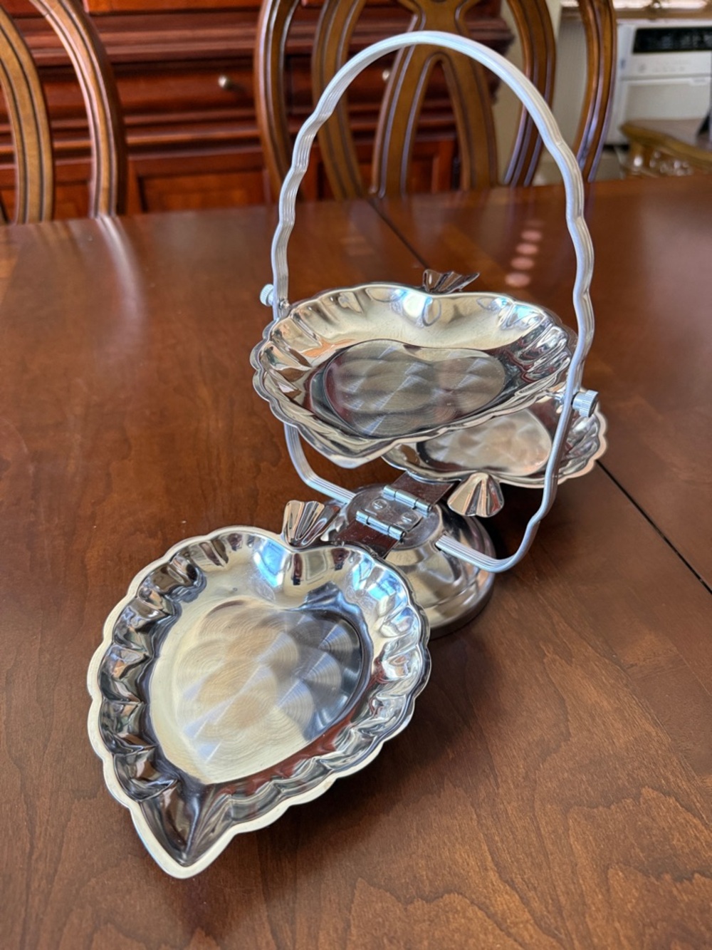 VTG MCM 3-Tiered Folding dessert snack Server Hong-Kong chrome color LEAF tray - Picture 2 of 9